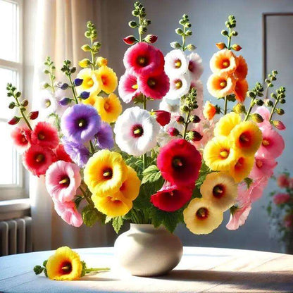 300pcs double mixed hollyhock seeds, rare Alcea rosea annua spring celebrity crimson, non-GMO heirloom, great gift.